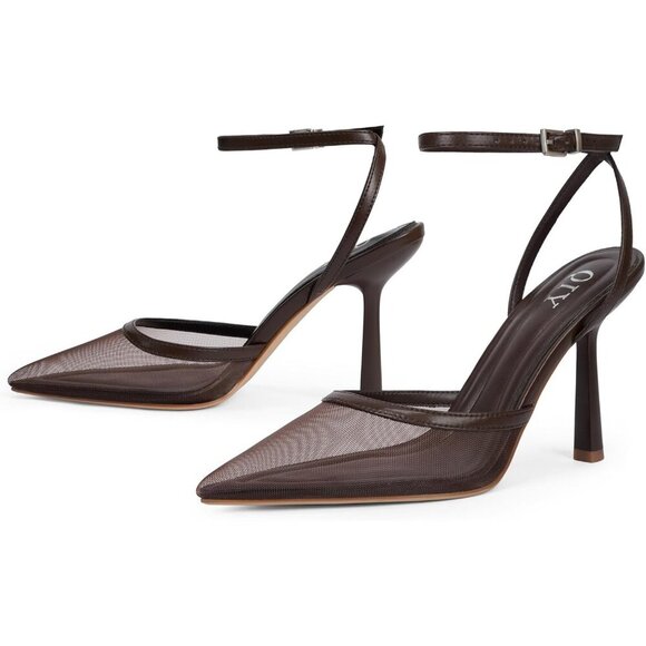 Close Toe Ankle Strap Women Brown Heels Pointed Toe Stiletto Pumps Wedding Shoes - Picture 6 of 7